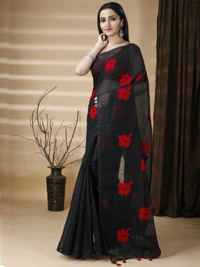 Handloom Floral Embroidered Cotton Blend Saree - Black