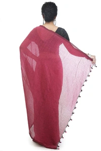 Handloom Solid Color Pompom Saree - Maroon