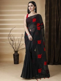 Handloom Floral Embroidered Cotton Blend Saree - Black