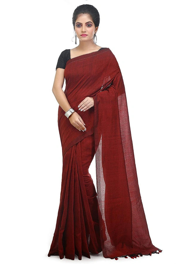 Handloom Solid Color Pompom Saree - Red