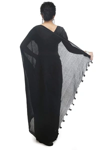 Handloom Solid Color Pompom Saree - Black