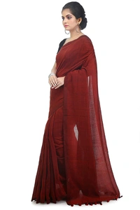 Handloom Solid Color Pompom Saree - Red