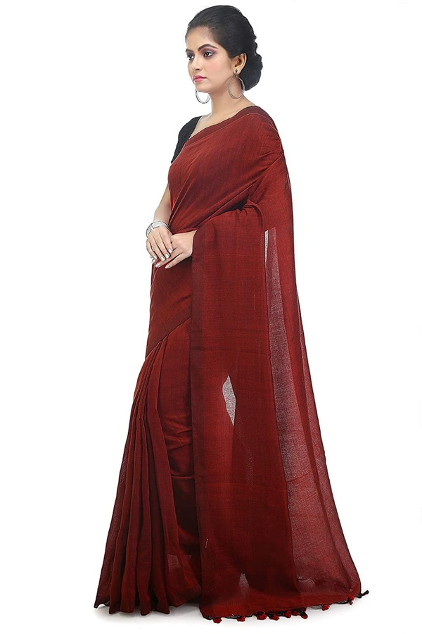Handloom Solid Color Pompom Saree - Red