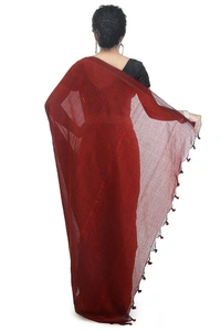 Handloom Solid Color Pompom Saree - Red