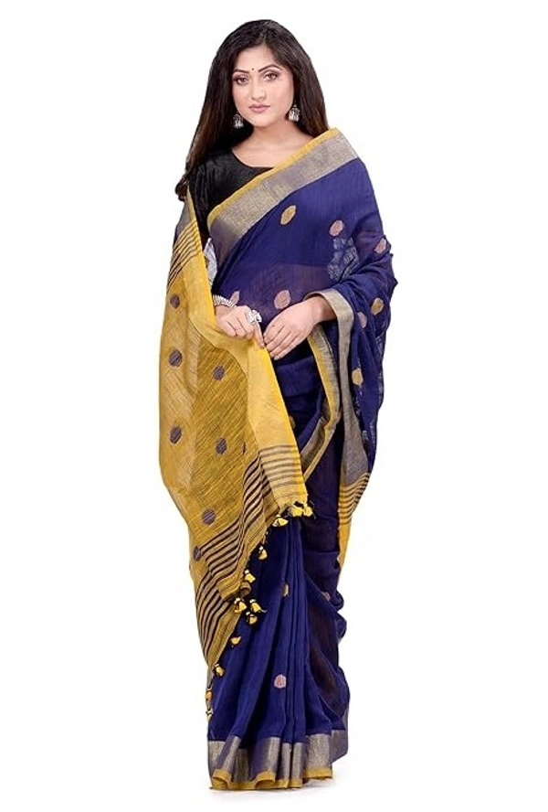 Handloom Khadi Cotton Ball Buta Saree - Blue & Yellow