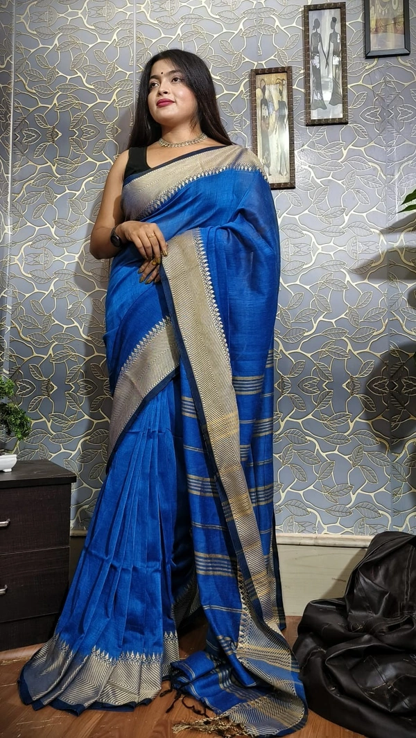 Handloom Woven Temple Border Cotton Saree - Blue