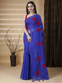 Handloom Floral Embroidered Cotton Blend Saree - Blue