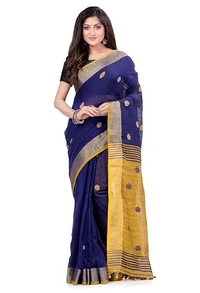 Handloom Khadi Cotton Ball Buta Saree - Blue & Yellow