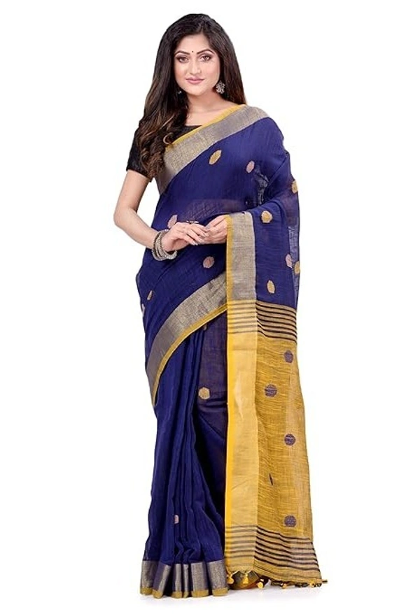 Handloom Khadi Cotton Ball Buta Saree - Blue & Yellow
