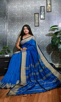 Handloom Woven Temple Border Cotton Saree - Blue