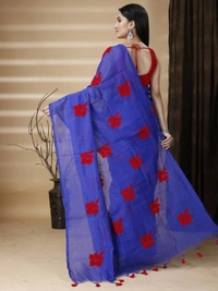 Handloom Floral Embroidered Cotton Blend Saree - Blue