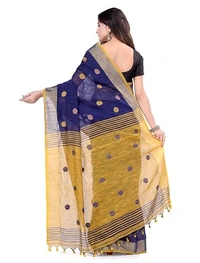 Handloom Khadi Cotton Ball Buta Saree - Blue & Yellow