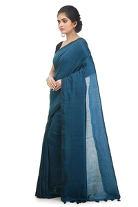 Handloom Solid Color Pompom Saree - Blue