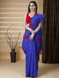 Handloom Floral Embroidered Cotton Blend Saree - Blue