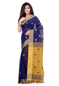 Handloom Khadi Cotton Ball Buta Saree - Blue & Yellow