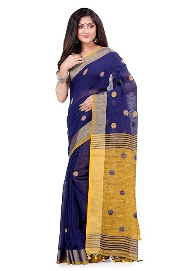 Handloom Khadi Cotton Ball Buta Saree - Blue & Yellow
