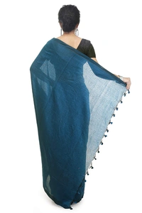 Handloom Solid Color Pompom Saree - Blue