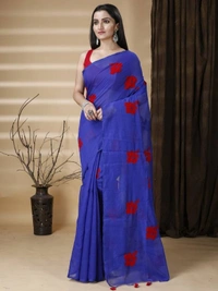 Handloom Floral Embroidered Cotton Blend Saree - Blue