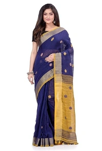 Handloom Khadi Cotton Ball Buta Saree - Blue & Yellow