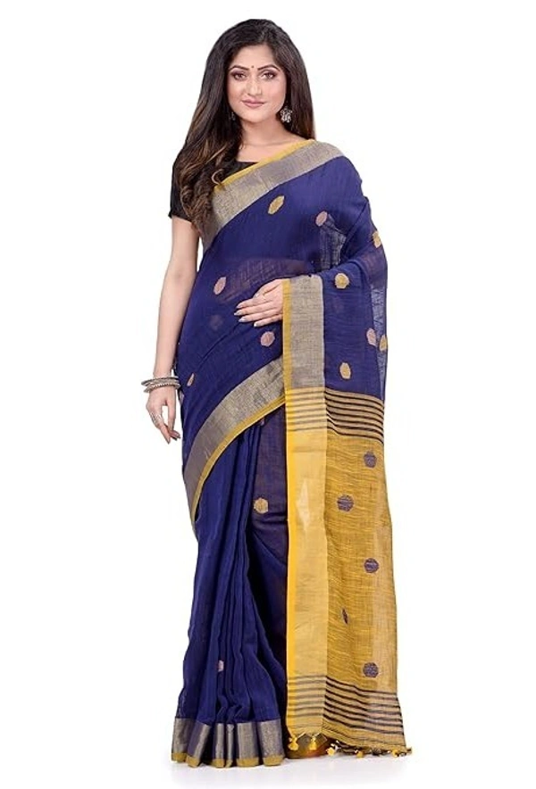 Handloom Khadi Cotton Ball Buta Saree - Blue & Yellow