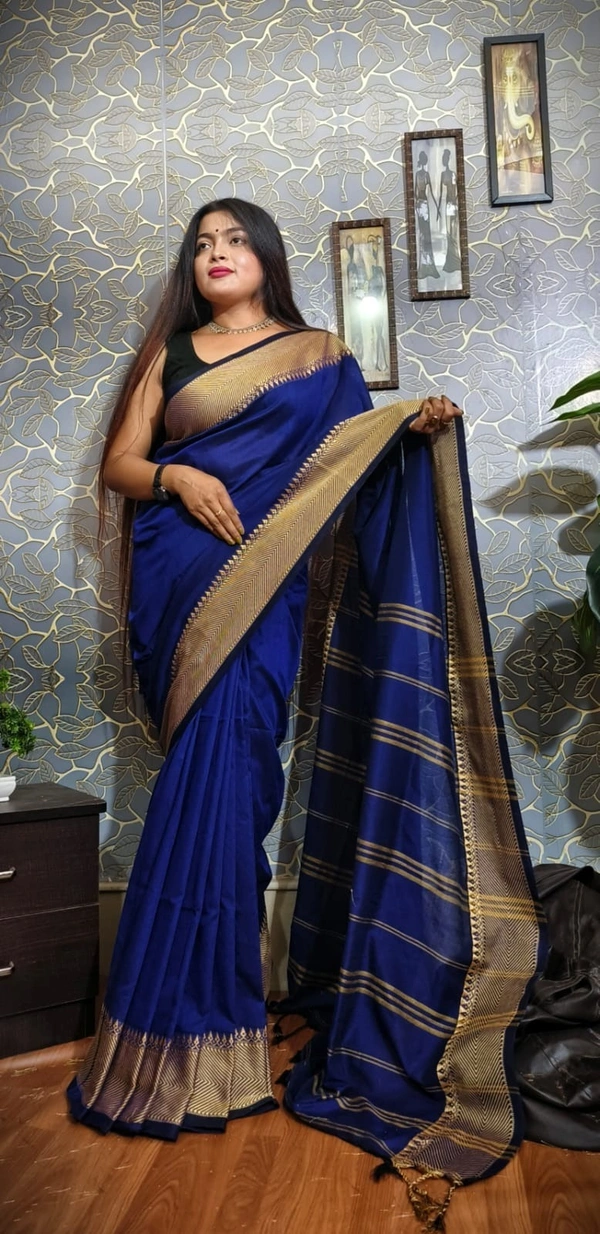 Handloom Woven Temple Border Cotton Saree - Dark Blue