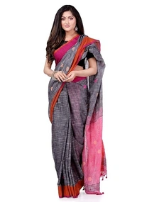 Handloom Khadi Cotton Ball Buta Saree - Gray & Pink
