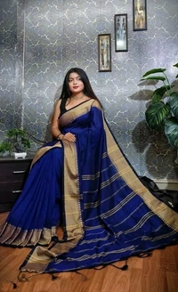 Handloom Woven Temple Border Cotton Saree - Dark Blue