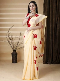 Handloom Floral Embroidered Cotton Blend Saree - Cream