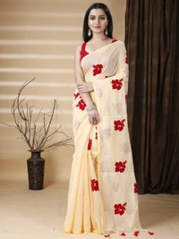 Handloom Floral Embroidered Cotton Blend Saree - Cream