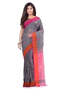 Handloom Khadi Cotton Ball Buta Saree - Gray & Pink