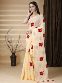 Handloom Floral Embroidered Cotton Blend Saree - Cream