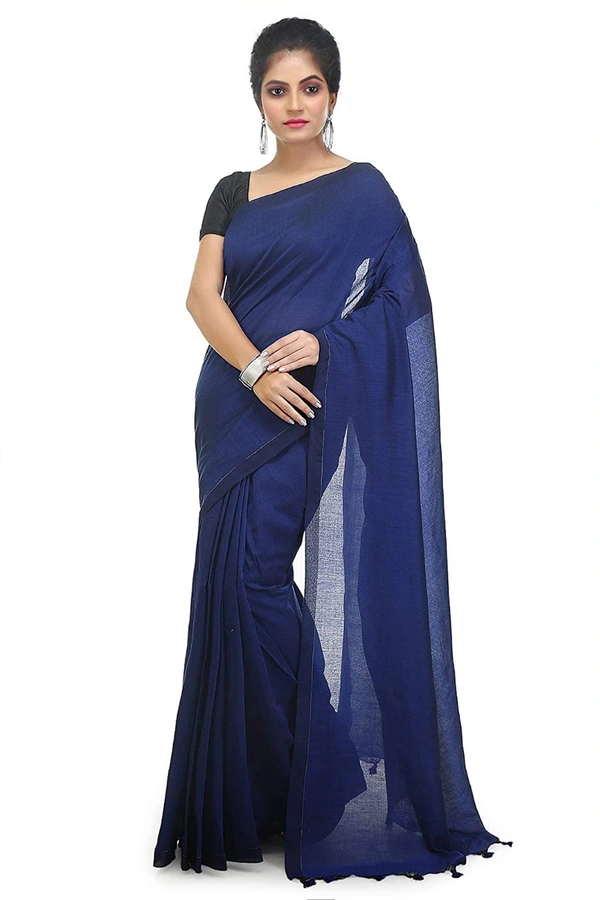 Handloom Solid Color Pompom Saree - Blue