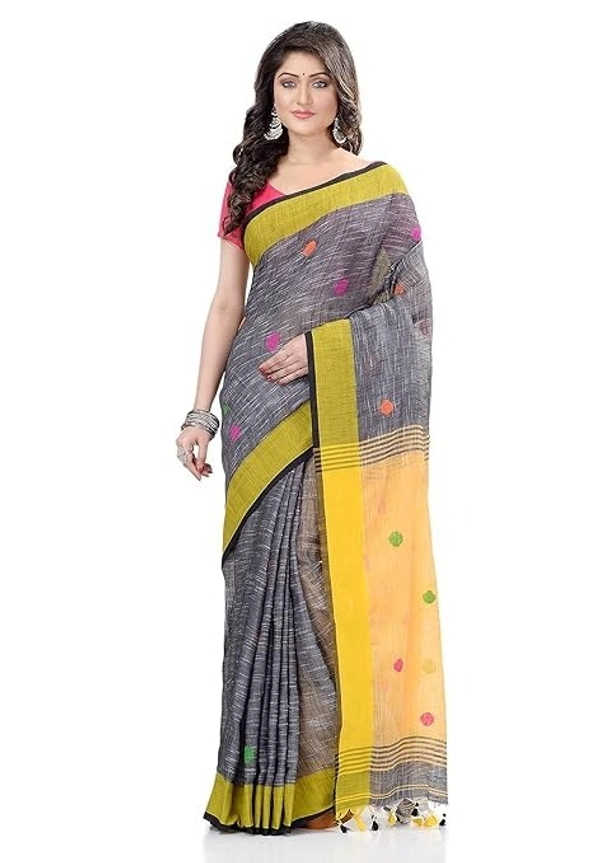 Handloom Khadi Cotton Ball Buta Saree - Gray & Yellow