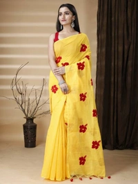 Handloom Floral Embroidered Cotton Blend Saree - Yellow