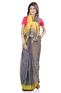 Handloom Khadi Cotton Ball Buta Saree - Gray & Yellow