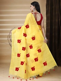 Handloom Floral Embroidered Cotton Blend Saree - Yellow