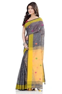 Handloom Khadi Cotton Ball Buta Saree - Gray & Yellow