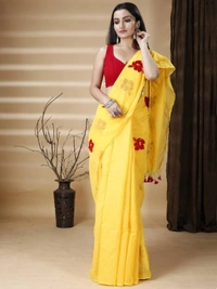 Handloom Floral Embroidered Cotton Blend Saree - Yellow