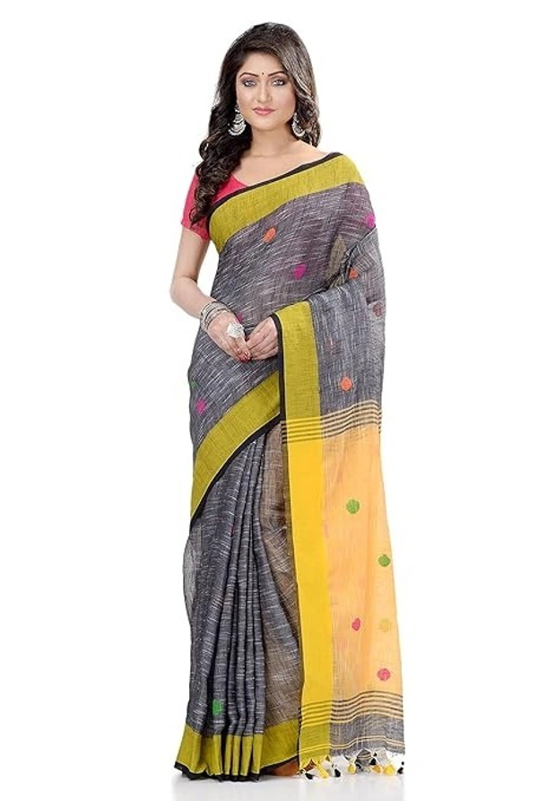 Handloom Khadi Cotton Ball Buta Saree - Gray & Yellow