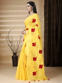 Handloom Floral Embroidered Cotton Blend Saree - Yellow