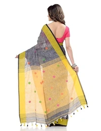 Handloom Khadi Cotton Ball Buta Saree - Gray & Yellow