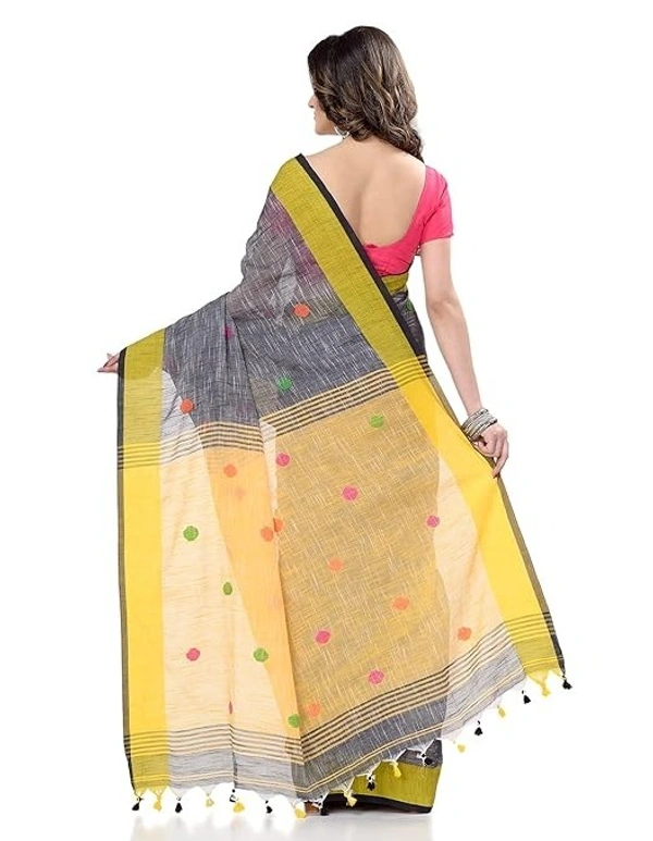 Handloom Khadi Cotton Ball Buta Saree - Gray & Yellow