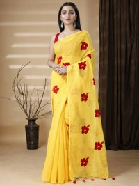 Handloom Floral Embroidered Cotton Blend Saree - Yellow