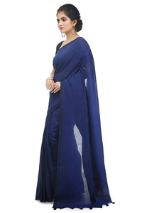 Handloom Solid Color Pompom Saree - Blue