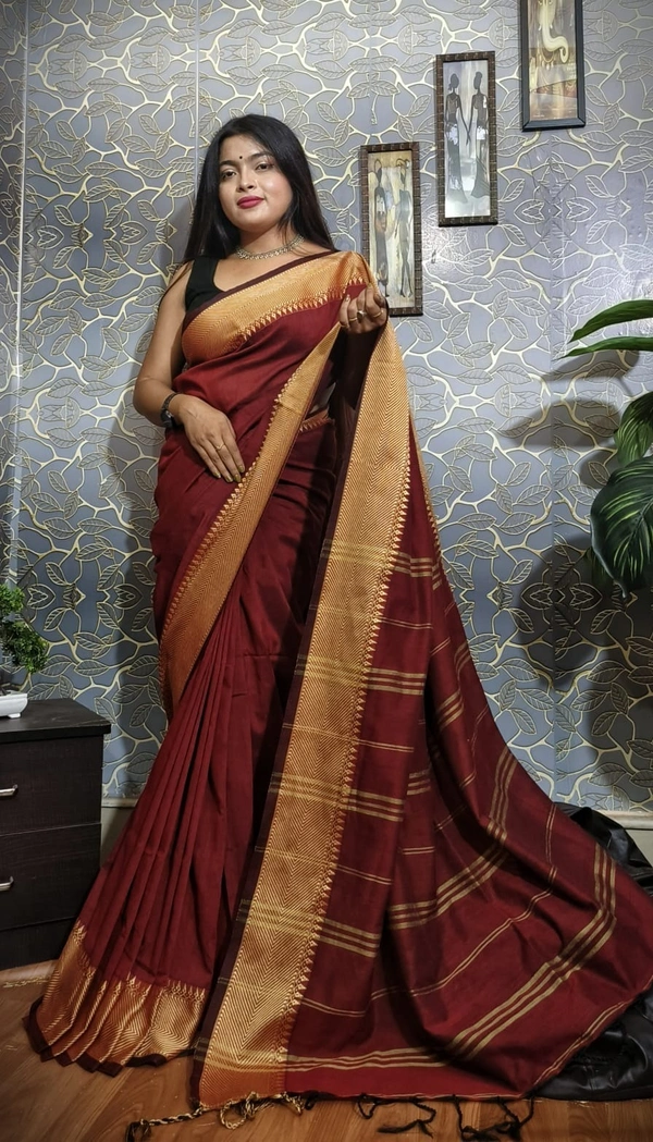 Handloom Woven Temple Border Cotton Saree - Brown