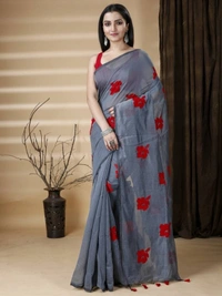 Handloom Floral Embroidered Cotton Blend Saree - Gray