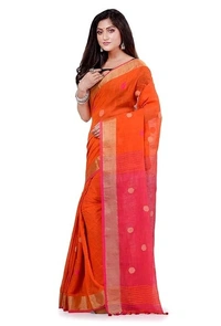 Handloom Khadi Cotton Ball Buta Saree - Orange & Pink