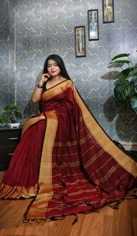 Handloom Woven Temple Border Cotton Saree - Brown