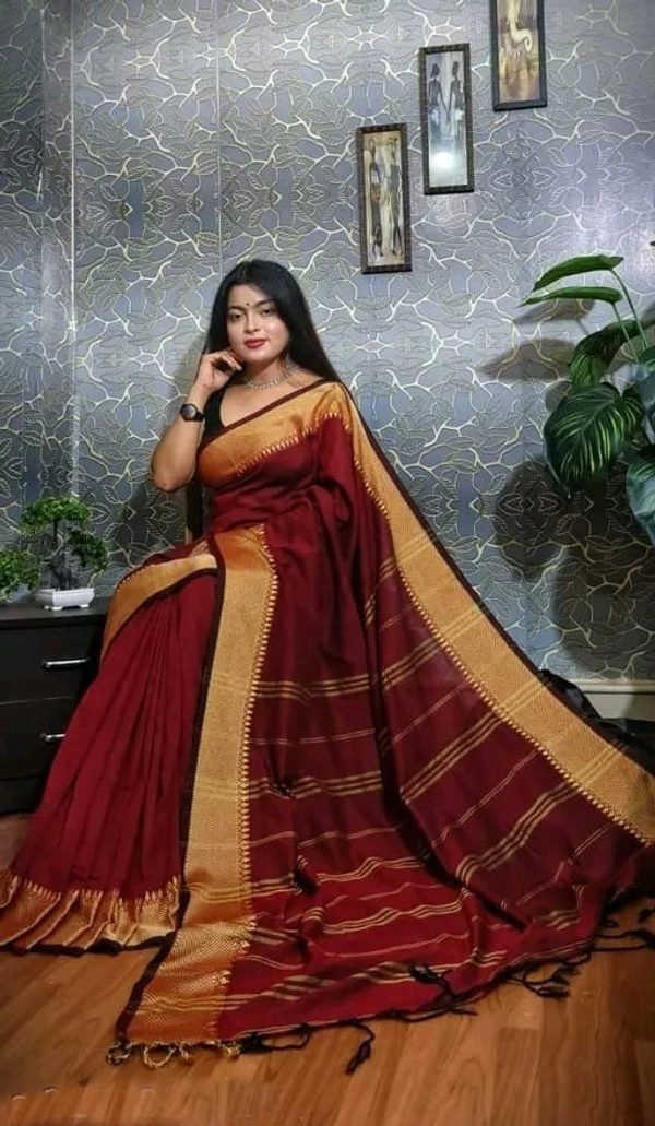 Handloom Woven Temple Border Cotton Saree - Brown