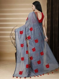 Handloom Floral Embroidered Cotton Blend Saree - Gray